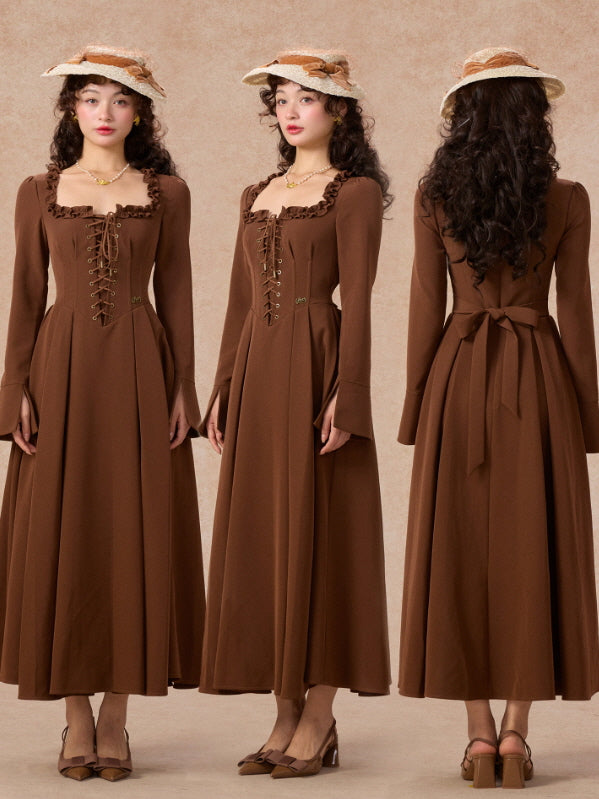 Mocha Lace Corset Ruffle Dress