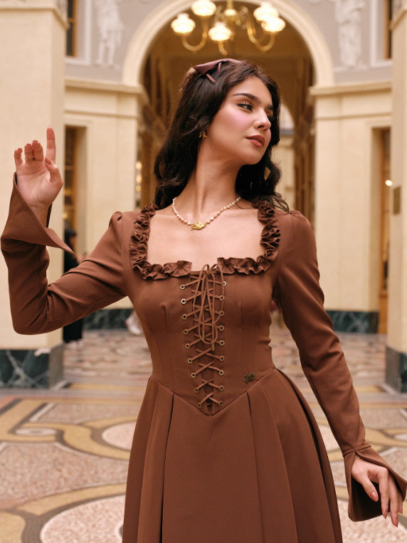 Mocha Lace Corset Ruffle Dress