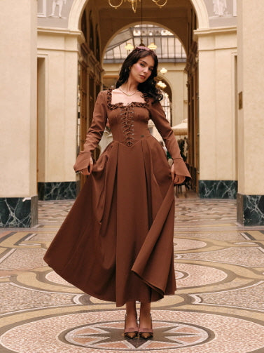Mocha Lace Corset Ruffle Dress