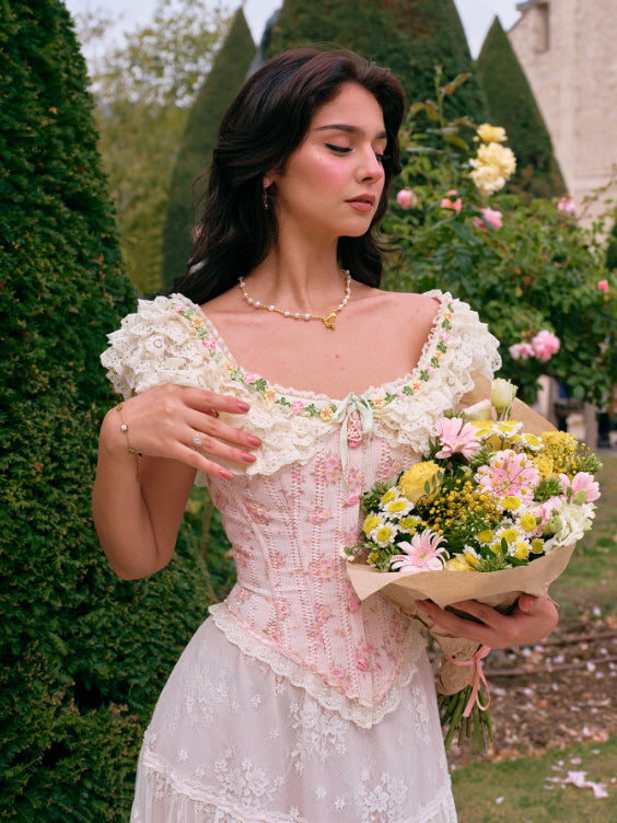 Floral Embroidered Lace-Up Corset Top Cream & Pink Cottagecore Fairy Romantic Floral Lace Corset Top – Vintage Cottagecore Fairycore Outfit main image 2