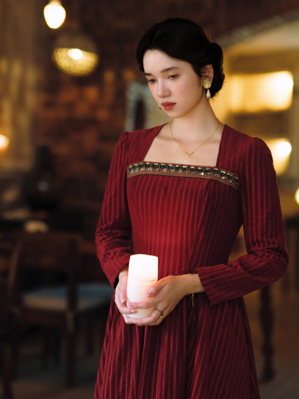 Crimson Velvet Embroidered Renaissance Dress