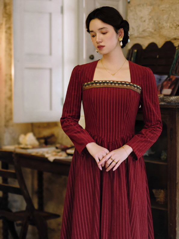 Crimson Velvet Embroidered Renaissance Dress