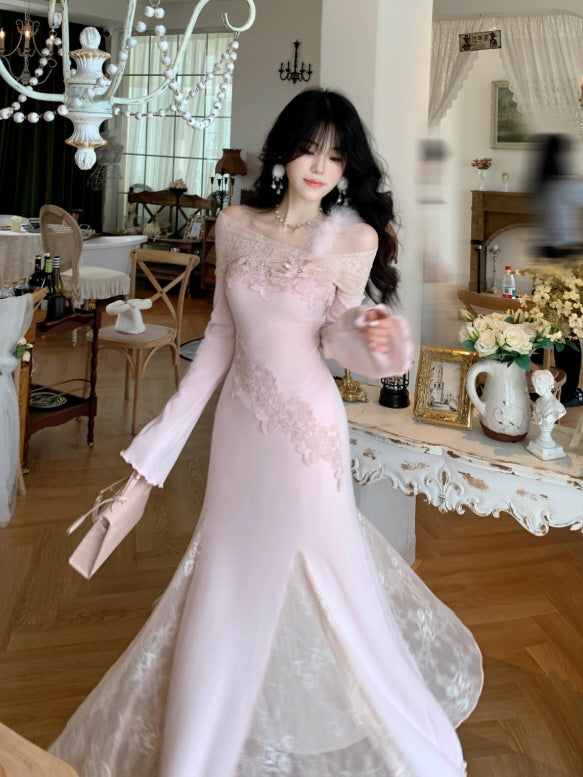 Rose Elegance Off-Shoulder Lace Dress