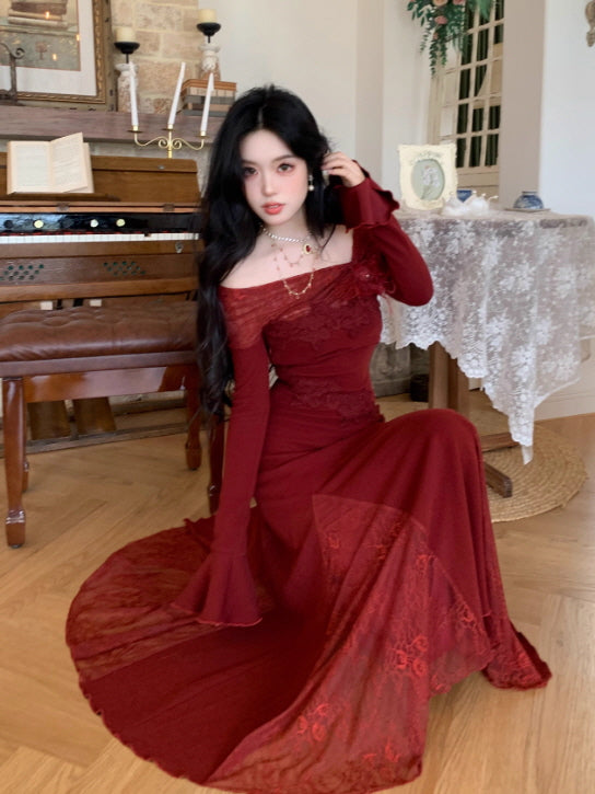 Rose Elegance Off-Shoulder Lace Dress