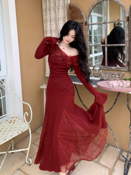 Rose Elegance Off-Shoulder Lace Dress