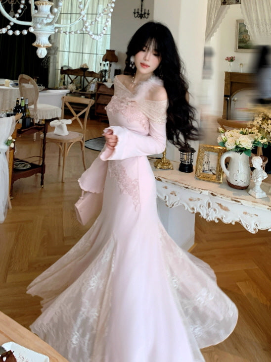 Rose Elegance Off-Shoulder Lace Dress