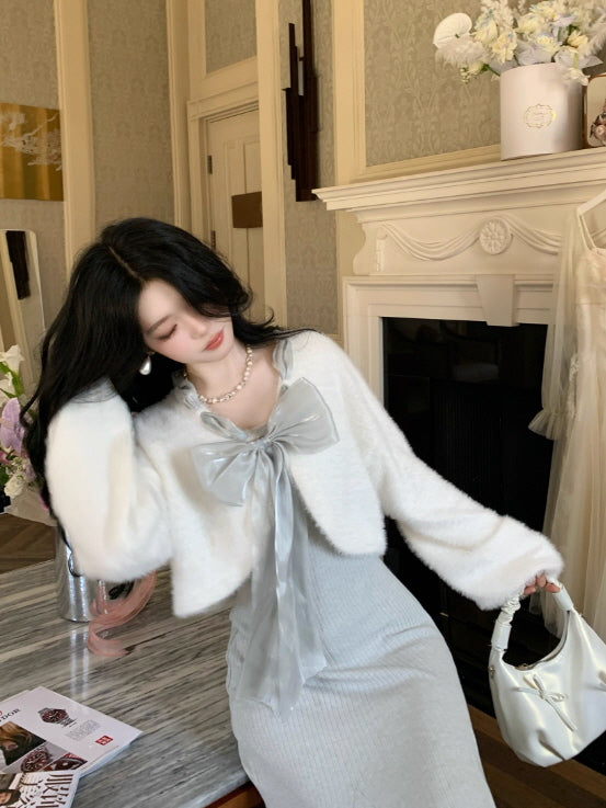 Frosted Ribbon Knit Dress & Cardigan