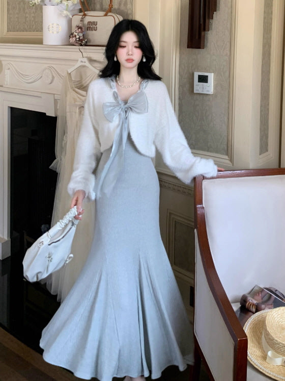 Frosted Ribbon Knit Dress & Cardigan