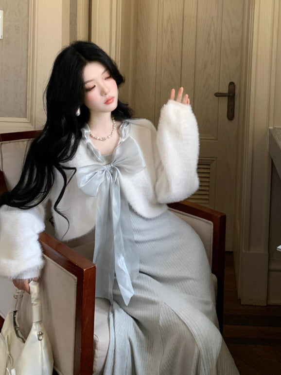 Frosted Ribbon Knit Dress & Cardigan