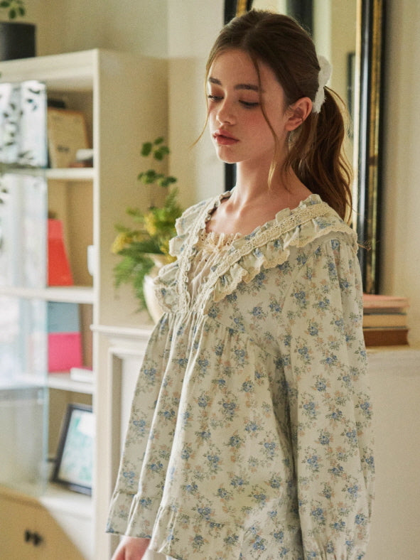 Blue Garden Lace Ruffle Pajama Set