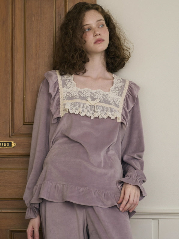 Lavender Velvet Lace Ruffle Loungewear Set