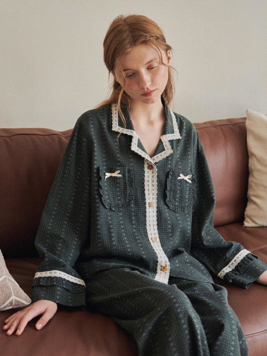 Evergreen Lace Trim Vintage Pajama Set