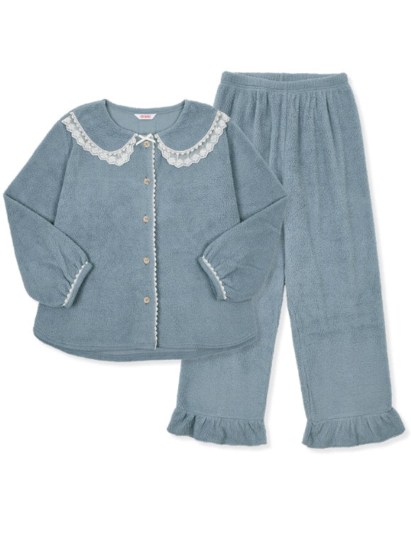 Dusty Blue Lace Collar Fleece Pajama