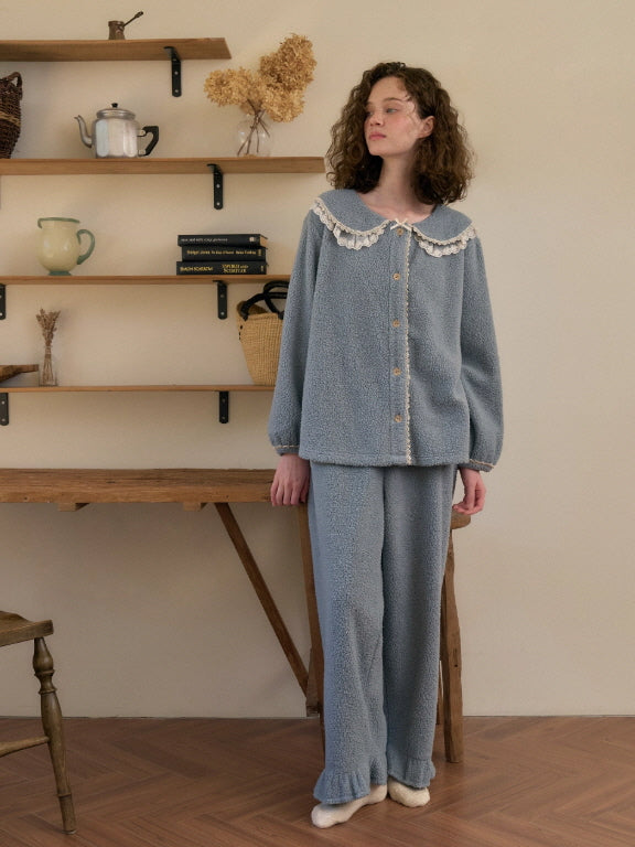Dusty Blue Lace Collar Fleece Pajama