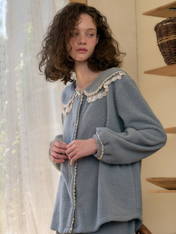 Dusty Blue Lace Collar Fleece Pajama