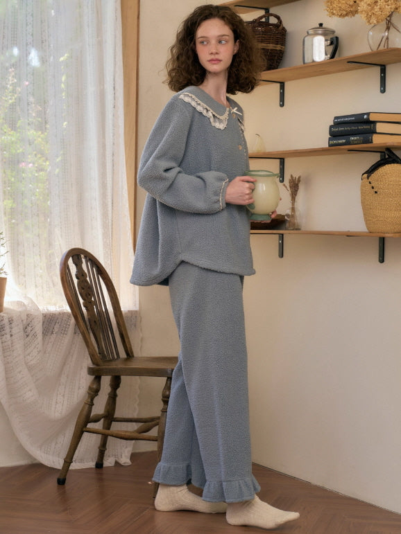 Dusty Blue Lace Collar Fleece Pajama