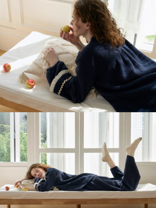 Navy Ruffle Collar Fleece Pajama