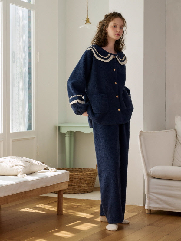 Navy Ruffle Collar Fleece Pajama