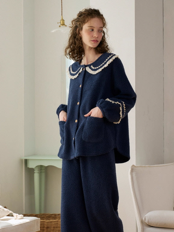 Navy Ruffle Collar Fleece Pajama