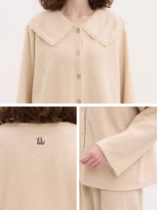 Cream Lace Collar Fleece Pajama