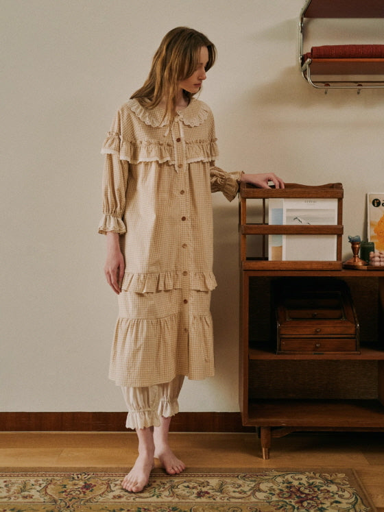 Beige Gingham Lace Ruffle Nightgown
