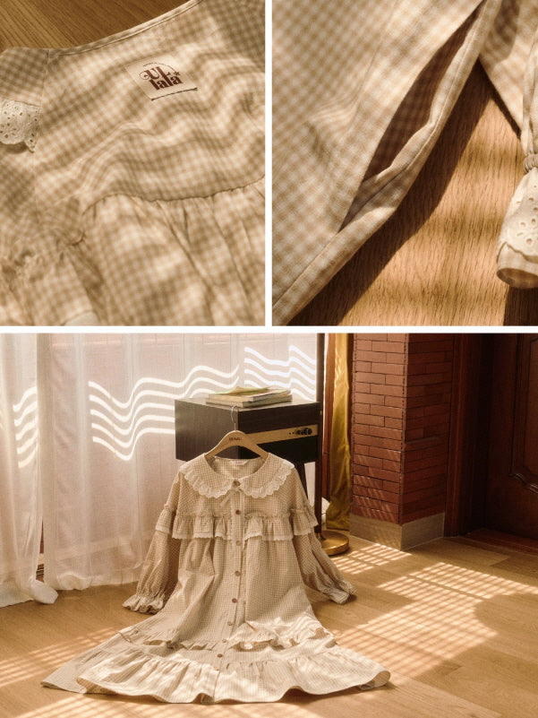 Beige Gingham Lace Ruffle Nightgown