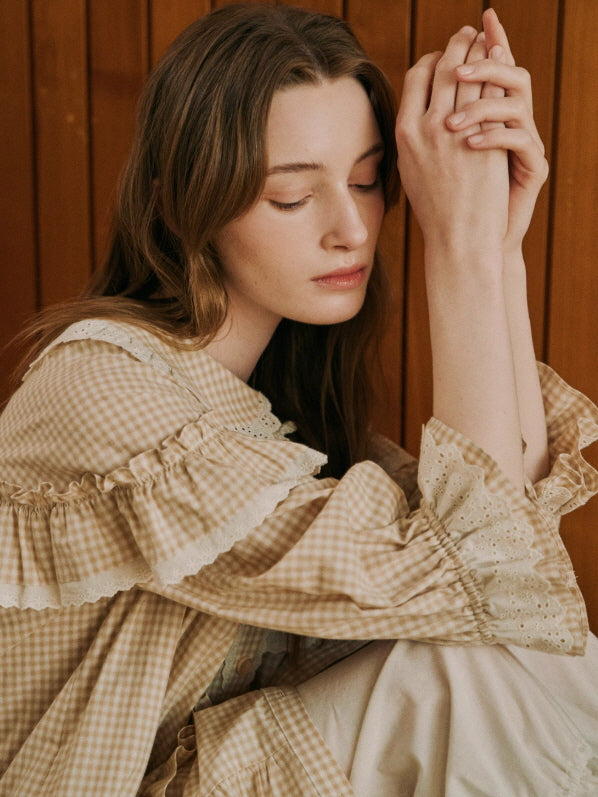 Beige Gingham Lace Ruffle Nightgown