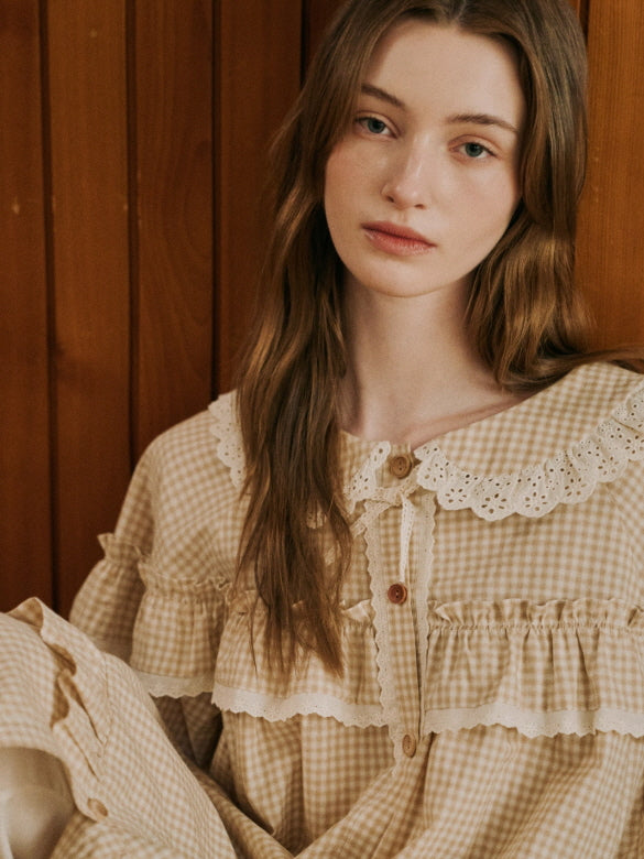 Beige Gingham Lace Ruffle Nightgown