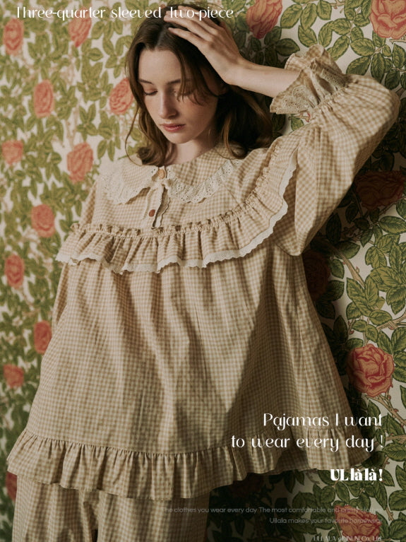 Beige Gingham Ruffle Cotton Pajama Set