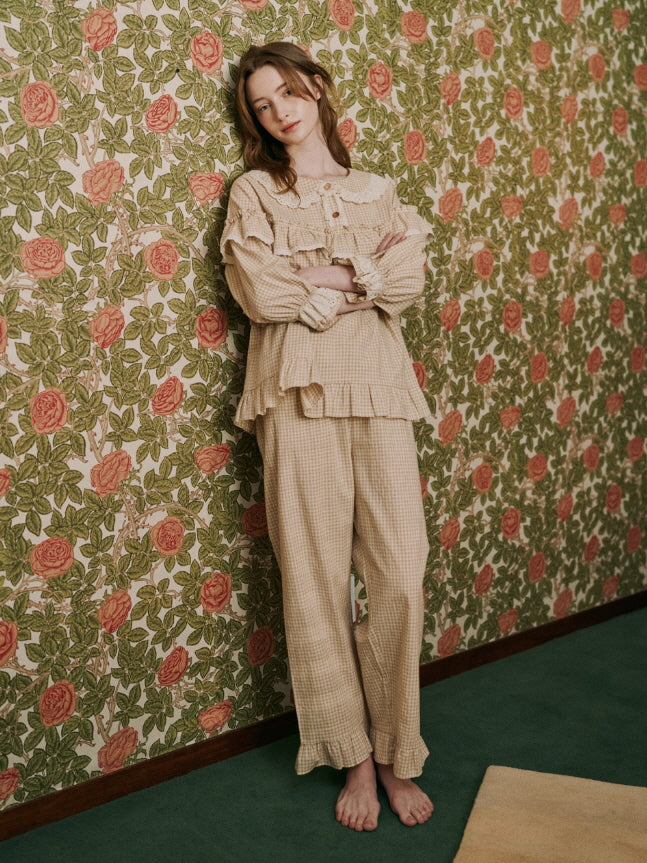 Beige Gingham Ruffle Cotton Pajama Set