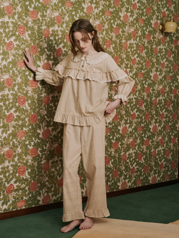 Beige Gingham Ruffle Cotton Pajama Set