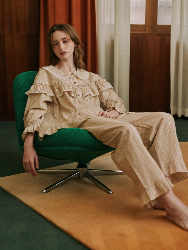 Beige Gingham Ruffle Cotton Pajama Set