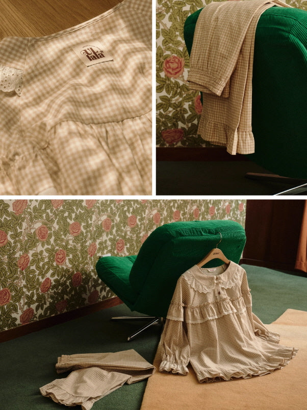 Beige Gingham Ruffle Cotton Pajama Set