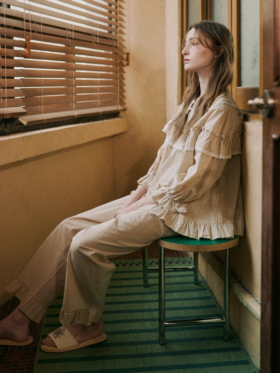 Beige Gingham Ruffle Cotton Pajama Set