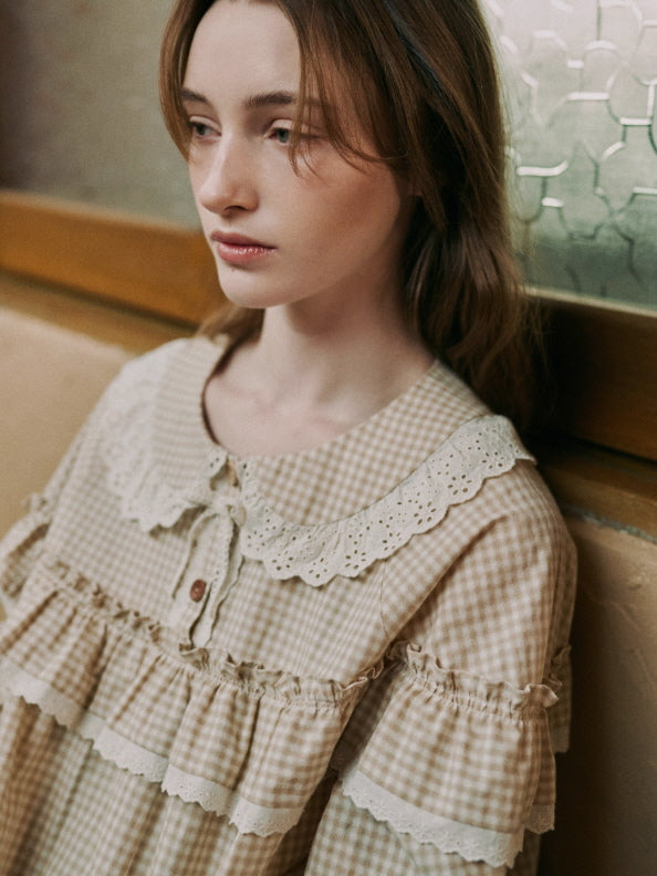 Beige Gingham Ruffle Cotton Pajama Set