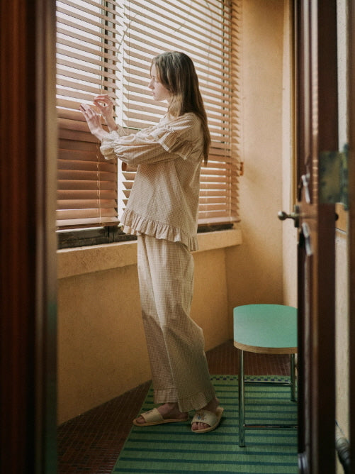 Beige Gingham Ruffle Cotton Pajama Set