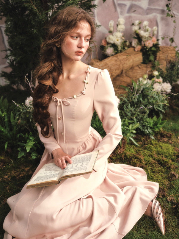 Blush Rosebud Long Dress – Cottagecore Vintage Outfit Pink / S