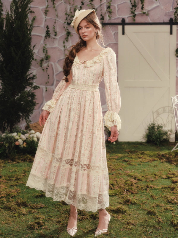 lace prairie dress Vintage prairie pink lace floral maxi dress small