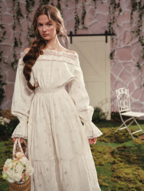 white cotton off the shoulder dress Off-Shoulder Eyelet Cotton Dress – cottagecore fairycore vintage aesthetic  outfit