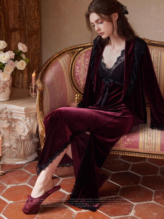 Crimson Velvet Lace Nightgown Set