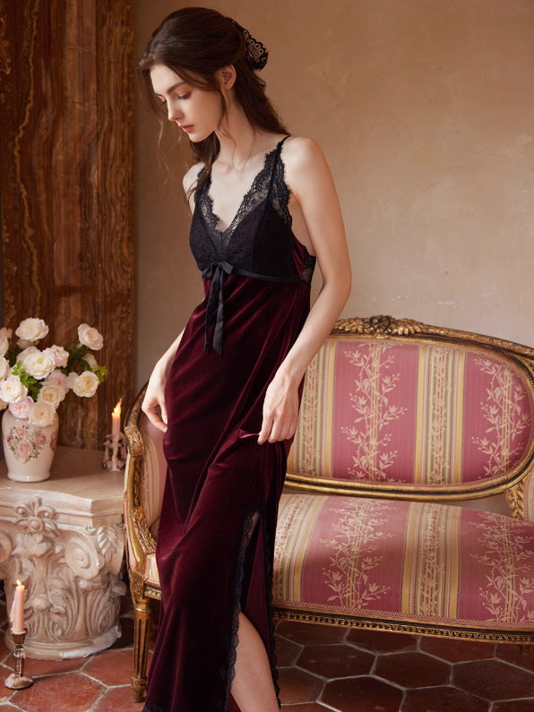 Crimson Velvet Lace Nightgown Set