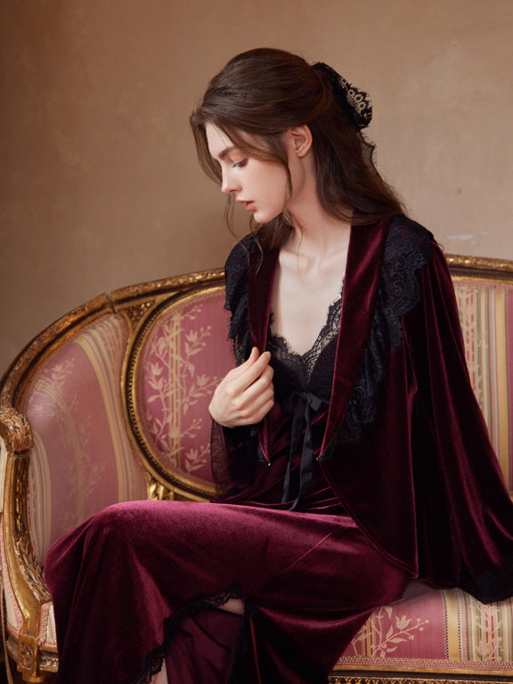 Crimson Velvet Lace Nightgown Set
