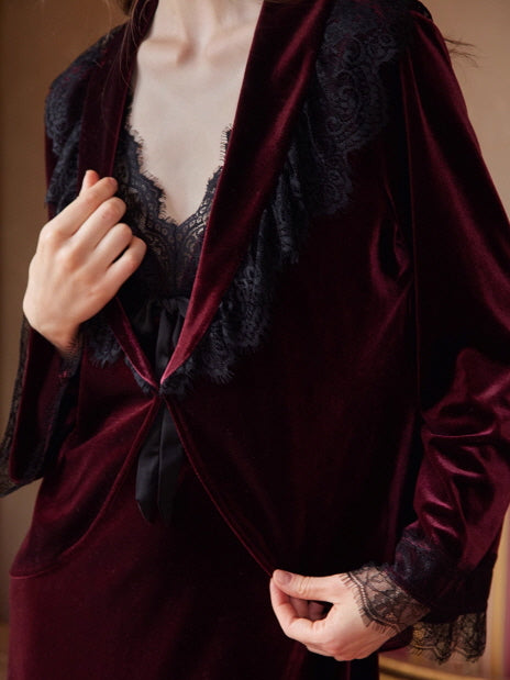 Crimson Velvet Lace Nightgown Set