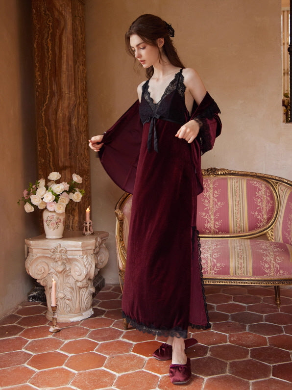 Crimson Velvet Lace Nightgown Set