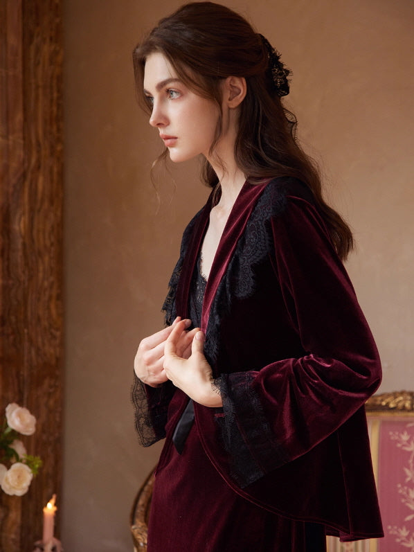Crimson Velvet Lace Nightgown Set