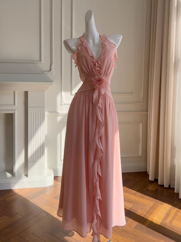 Ruffle Halter Chiffon Party Dress – Rose Waist Detail – Princesscore Fairytale Dress L