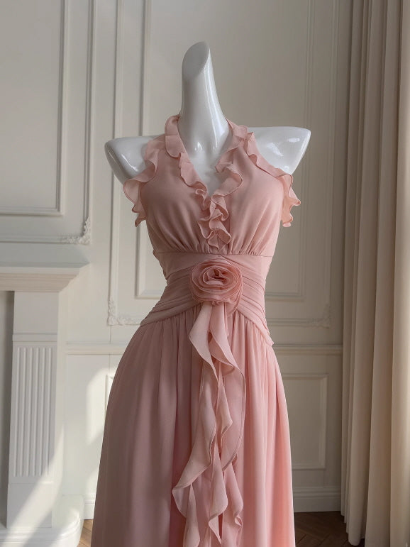 Rosy Whispers Ruffle Chiffon Dress