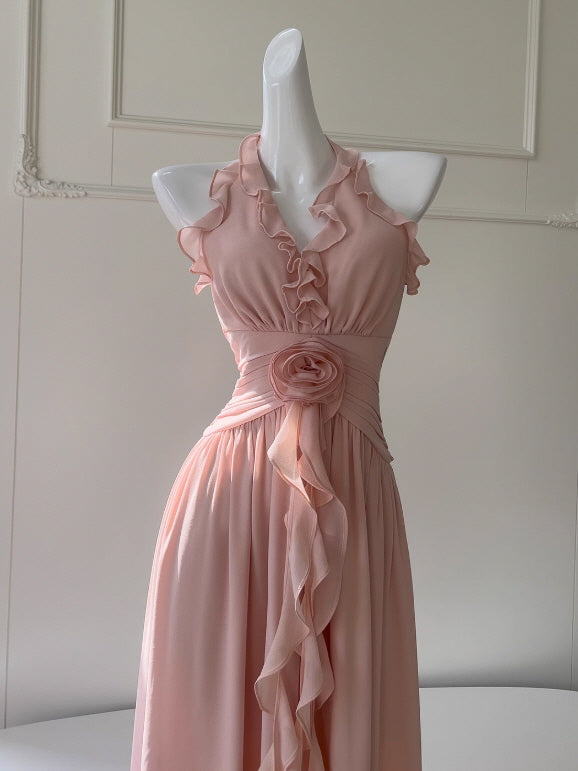 Rosy Whispers Ruffle Chiffon Dress