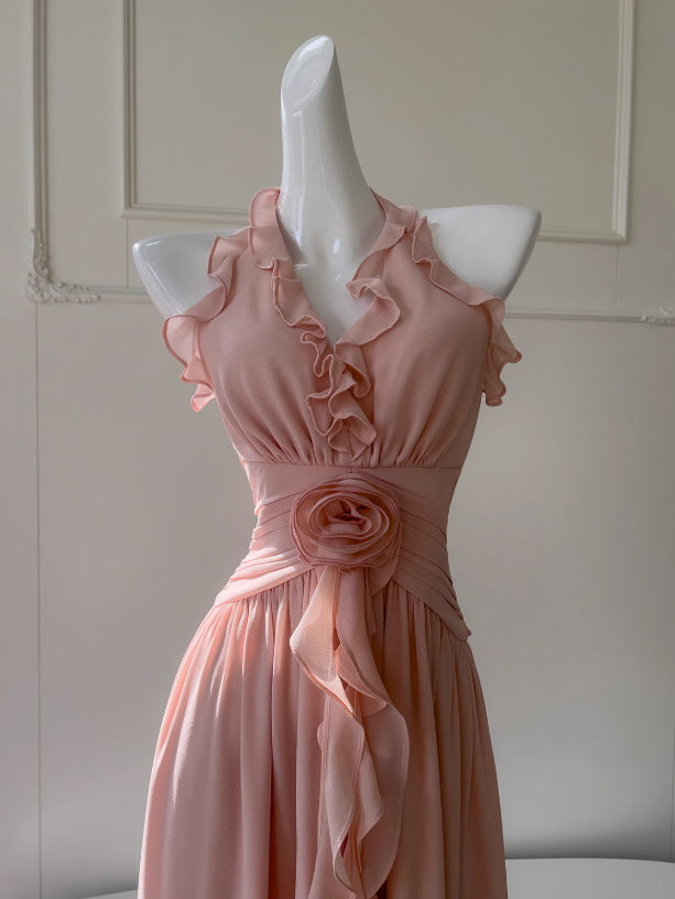 Rosy Whispers Ruffle Chiffon Dress
