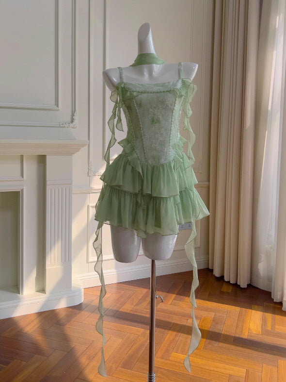 Mint Lace Tiered Fairy Mini Dress  Fairytale Princesscore Aesthetic M